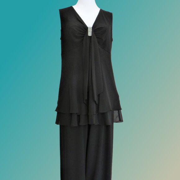 R & M Richards Pants - Sleeveless Black Formal Pantsuit with Rhinestone Detail